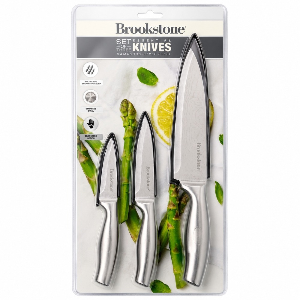 Brookstone 3 Pc Damascus Style Stainless Steel Knife Set Chef Utility Paring NEW
